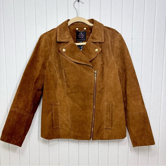 Isaac Mizrahi Leather Suede Motorcycle Moto Jacket Brown Gold Size 12 - Picture 4 of 13